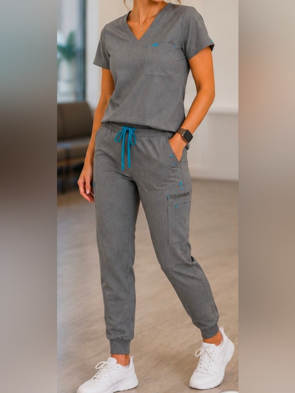 DOLAN Mayfair Gray Scrub Set XS V-Neck Top Jogger Cargo Pants Stretch